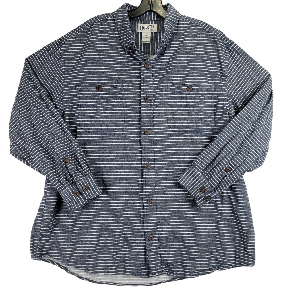Duluth Trading Co Relaxed Fit Button Down Mens XL Blue Striped Workwear Casual